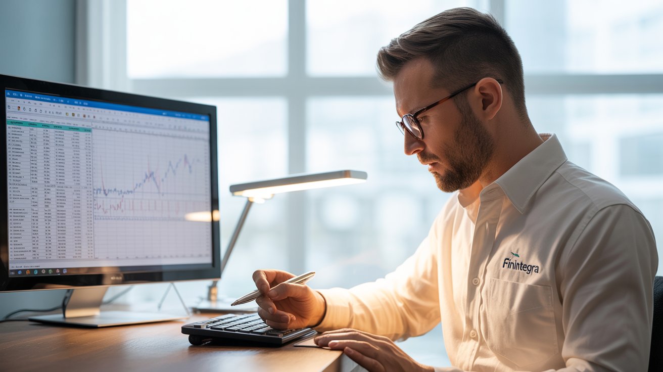 Especialista financeiro analisando dados em uma mesa de trabalho